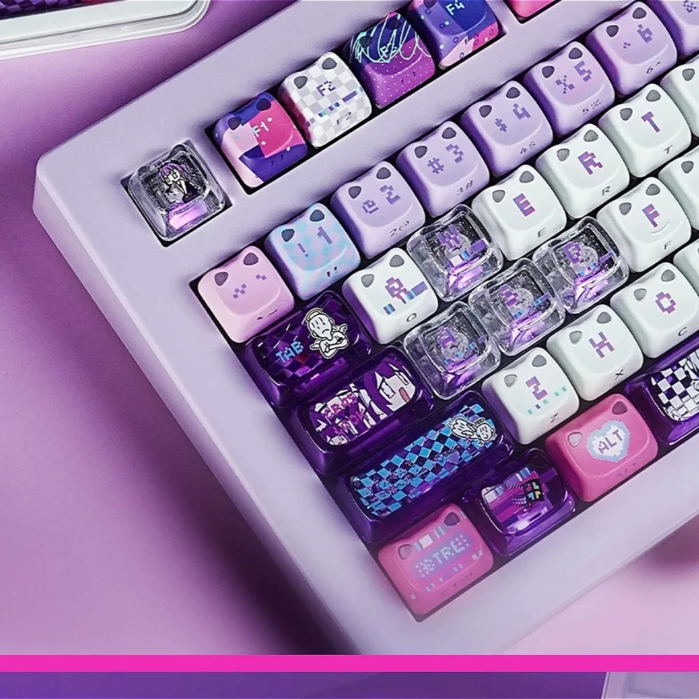 Electric Wave Anime-Themed Transparent Keycaps with Purple Cat Ears (MAO Height)  Compatible with MX-Switch Keyboards