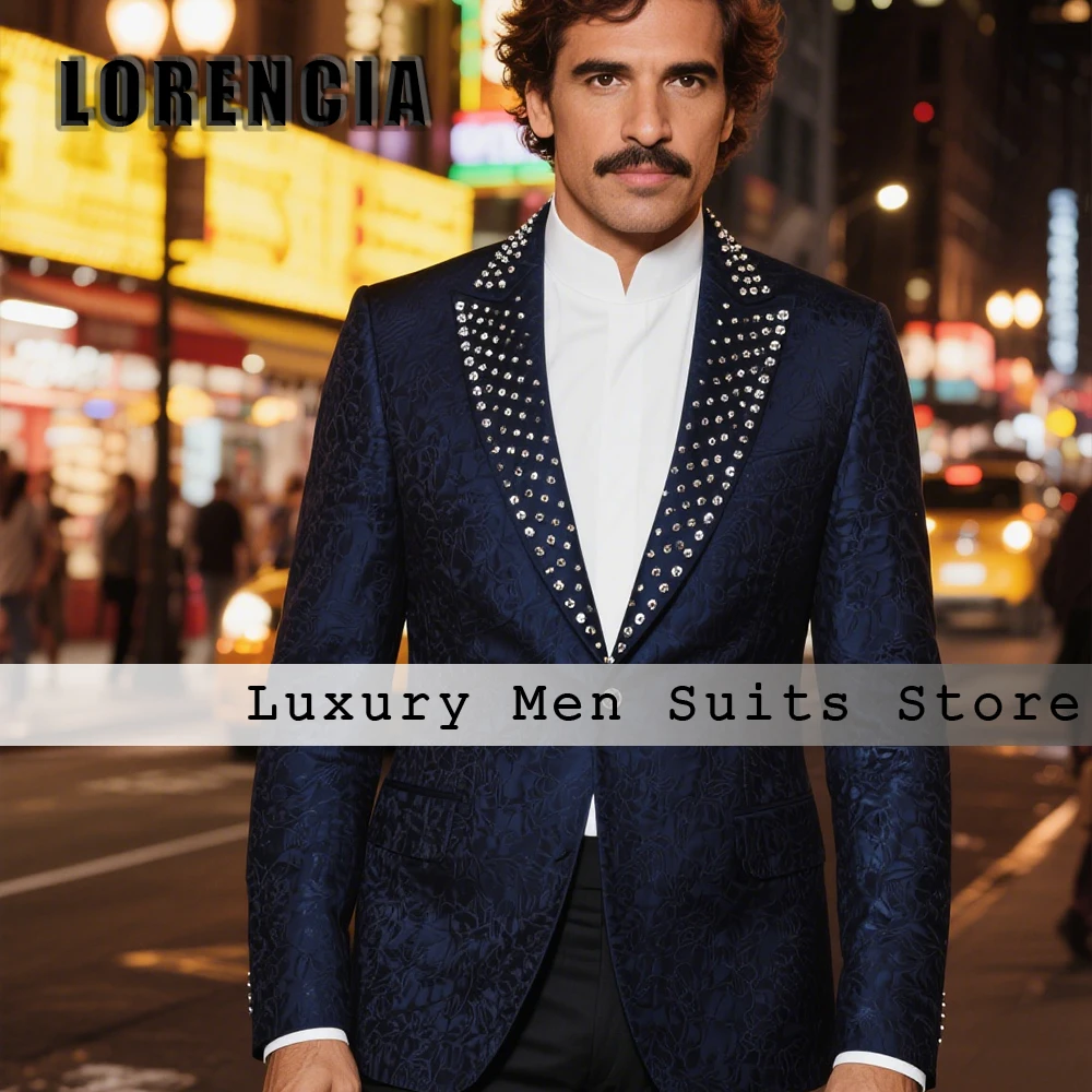 

Formal Crystal Men Suits 2 Pieces Jacquard Tuxedos for Groom Wedding Evening Party Customized Blazer Pants roupas masculinas