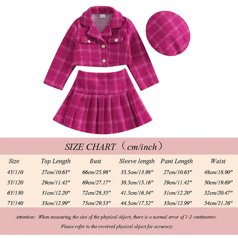 Children Girl Skirt Sets Spring Autumn Clothes 3 Piece Outfits Elegant Long Sleeve Button Coat Pleated Plaid Skirt Hat Set