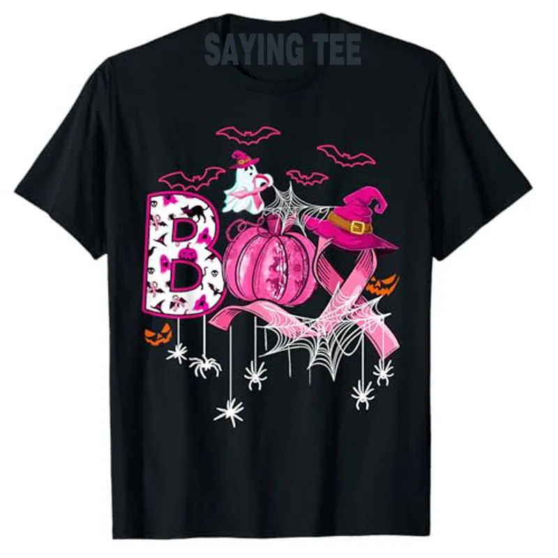 

Boo Halloween Pumpkin Pink Ribbon Witch Breast Cancer T-Shirt Mental Health Support Awareness Costume Short Sleeve Saying Tee