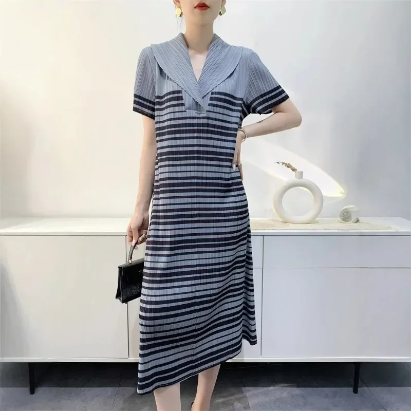 Miyake Pleated French Striped Elegant Dress for Women Mid-Length Temperament Loose Skinny Straight Dresses Women's