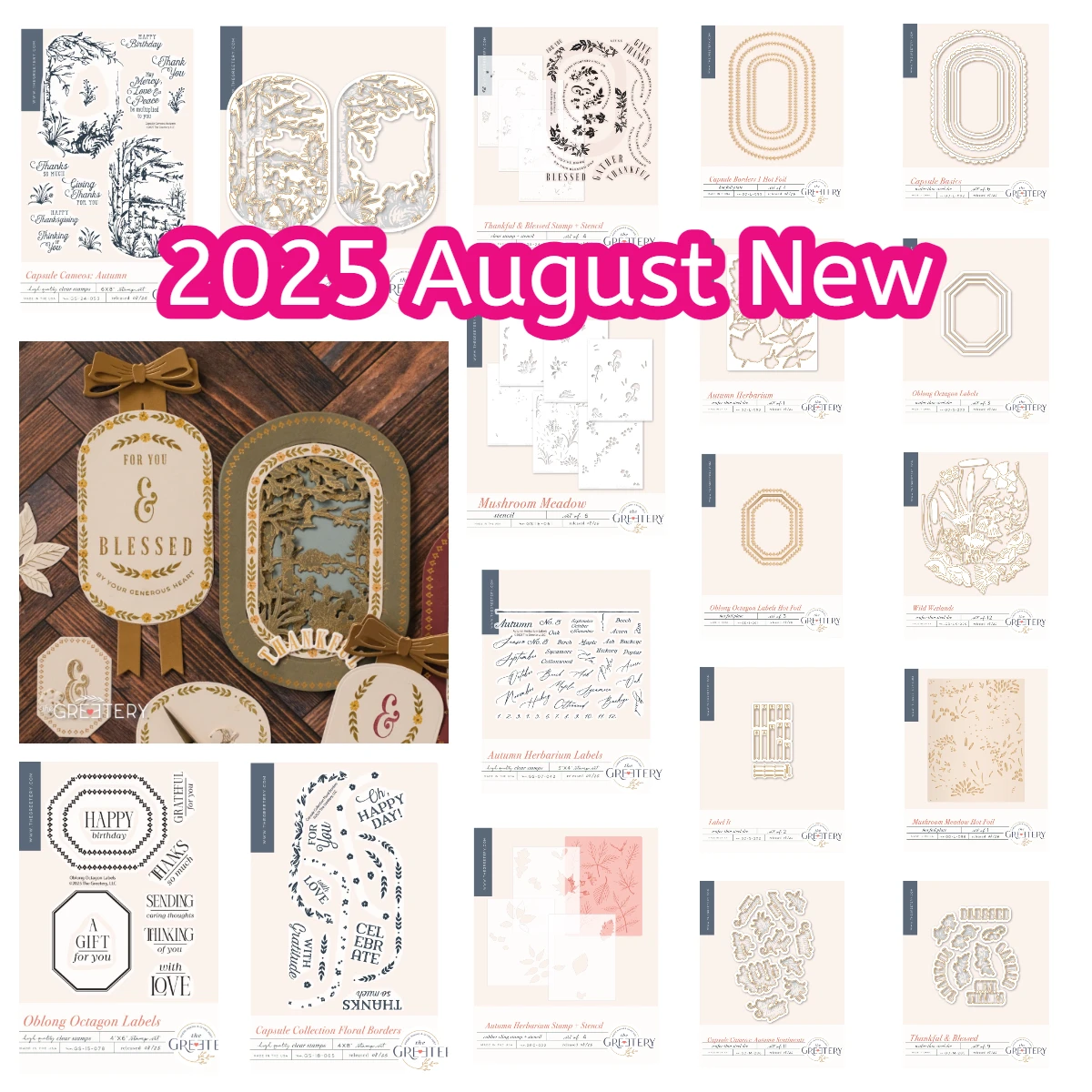 

2025 New Dies and Stamps Set Oblong Octagon Labels Capsule Cameos: Autumn Thankful & Blessed Die Stencil DIY Card Scrapbooking