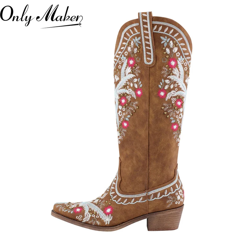 

Onlymaker Women Pointed Toe Brown Embroider Flower Western Cowboy Boots Female Wide Mid Calf Boots