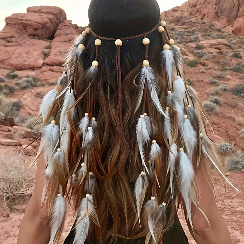 Boho Feather Headbands Hippie Gypsy Indian Hairbands Tassels Head Piece Costume Hair Accessories Festival Headdress for Women