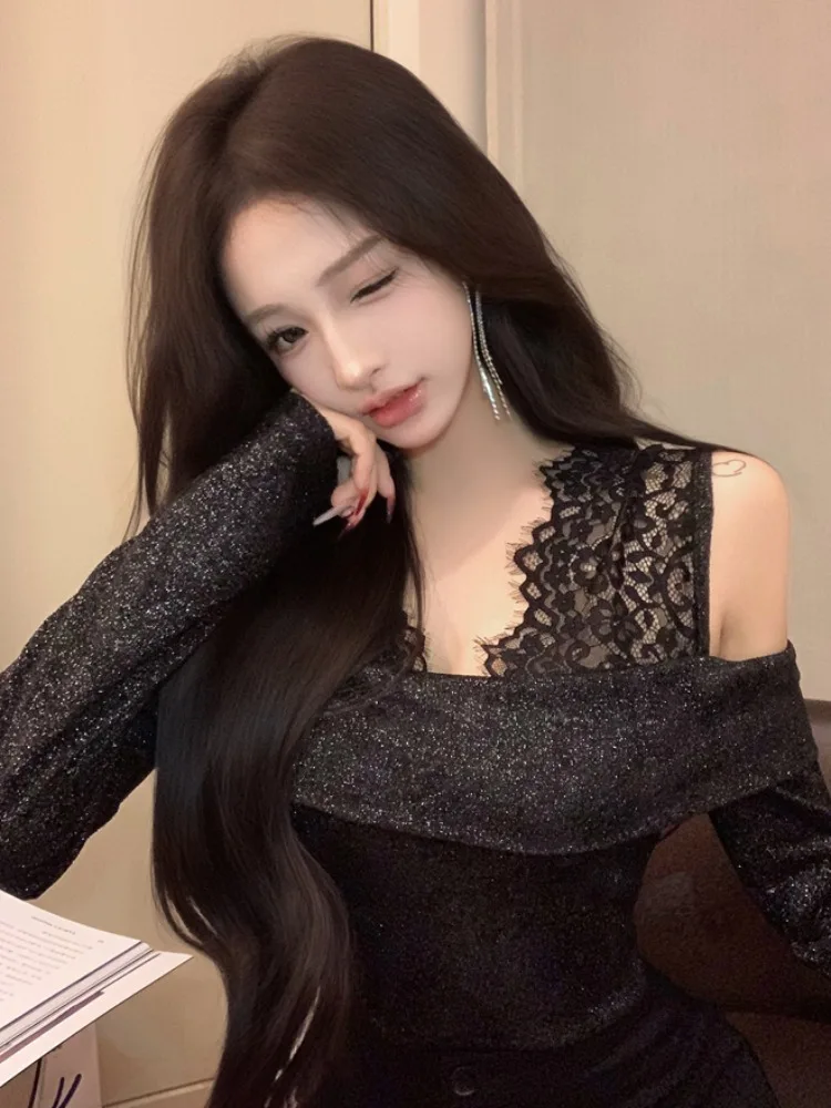 

Korean Style Slim Fit Knitted Top Women's Spring Autumn Lace Halter Neck Fake Two-Piece Inner Wear Outer Wear Casual Commute