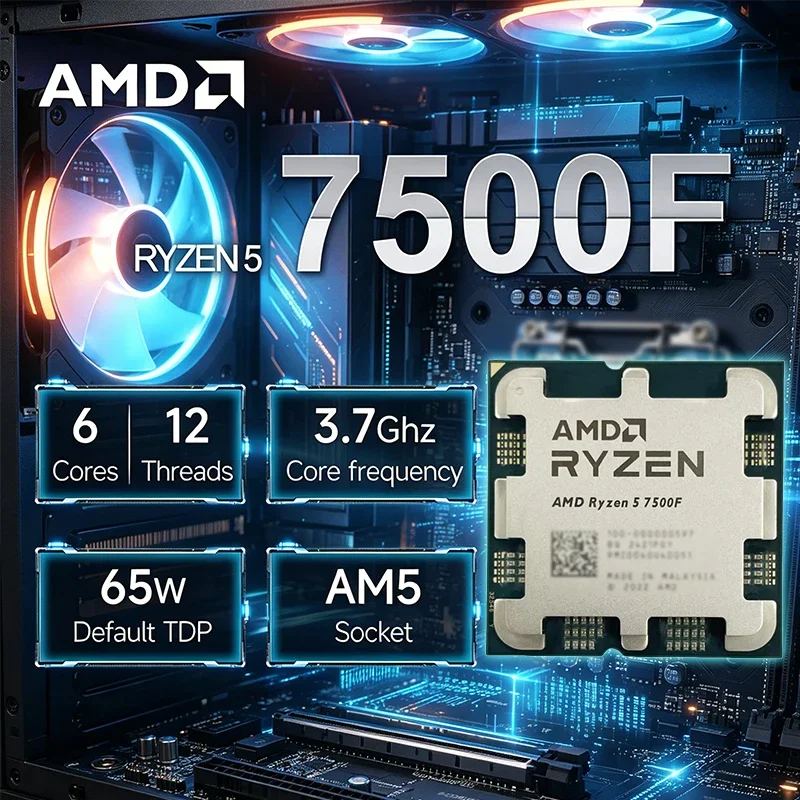 AMD Ryzen 5 7500F 3.7GHz 6-Core 12-Thread L3=32M Processor 65W R5 7500F Socket AM5 5NM DDR5 New but without cooler