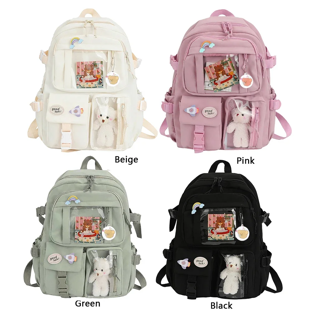 College Student Rucksack Fashion Casual Book Bags Nylon with Plush Pendant Pin Cute Large Capacity Japanese Style for Teen Girls