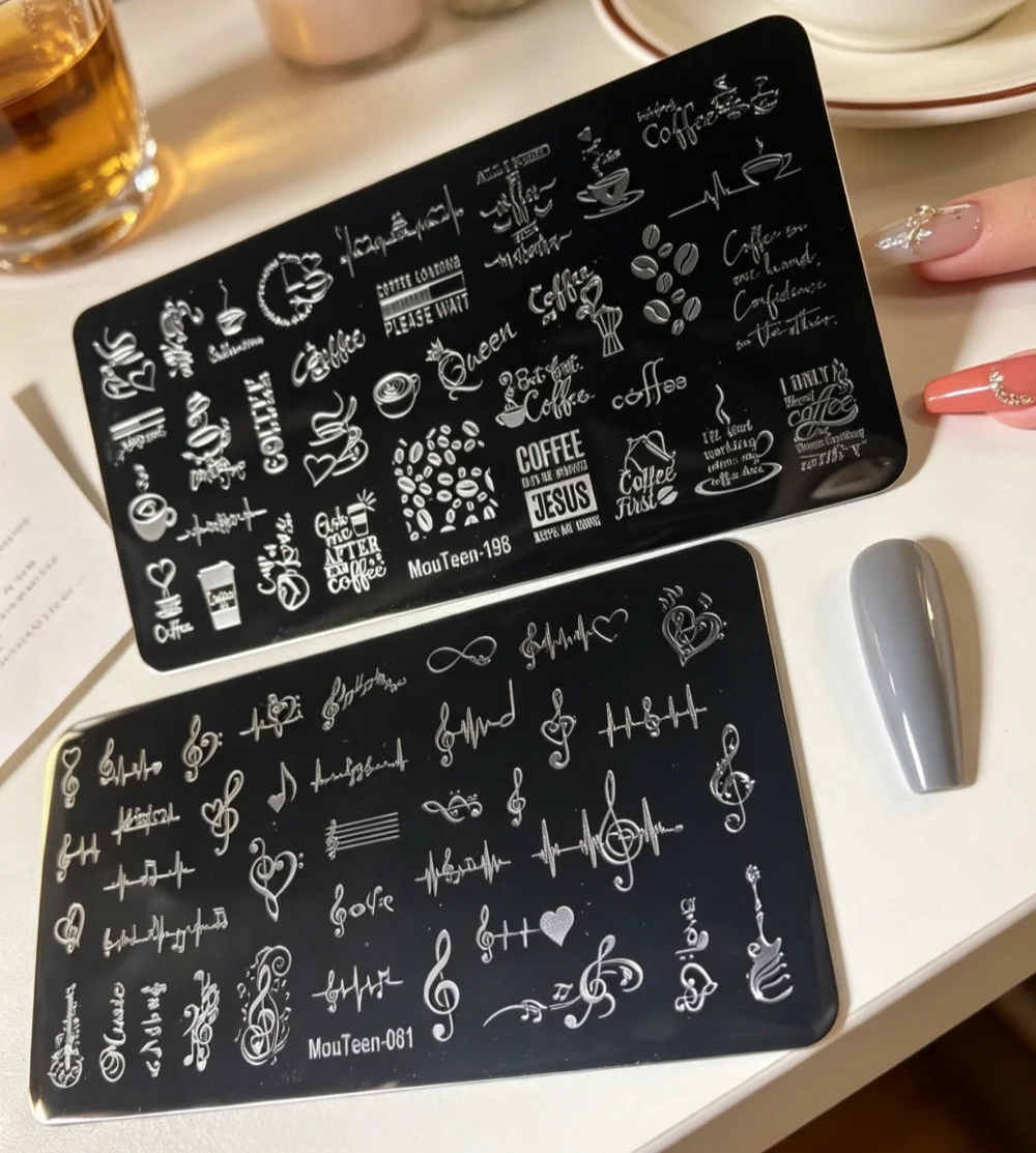 2Pcs/Set  Aesthetic Coffee Element Nail Stamp Plate Treble Clef Music Heart Melody Line Nail Stencil Nail Stamp Plate #198081