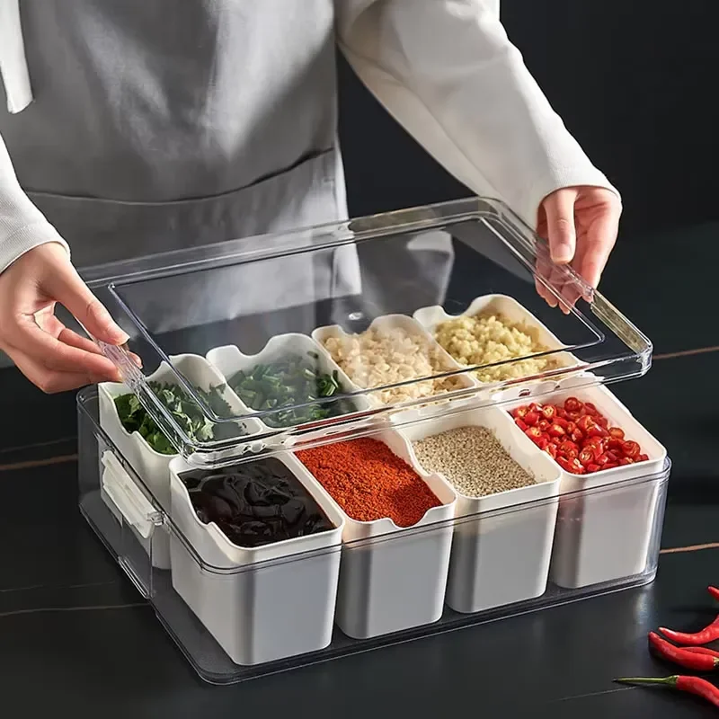 8 Grid Plastic Kitchen Storage Box for Frozen Meat and Hot Pot Ingredients Moisture Proof Sealing Container Modern Simple