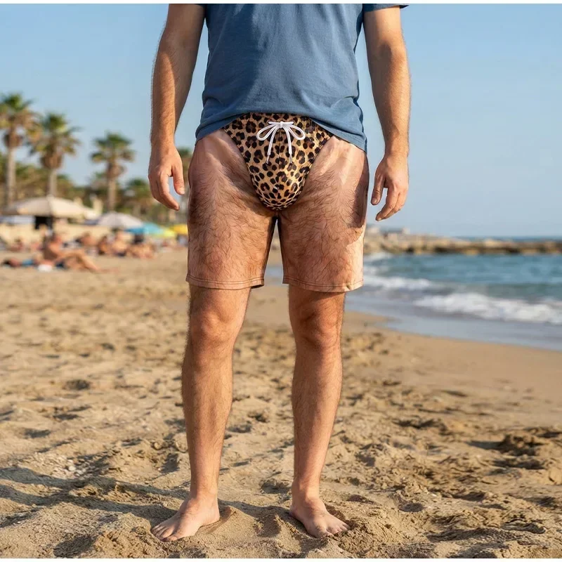 Neuartige Herren-Badeshorts mit 3D-Druck, Fake-Hairy-Leg-Effekt, Leopardenmuster, Kordelzug, Schnelltrocknend, Strand-Boardshorts, Sommer-Urlaubs-Badebekleidung – Detail 5