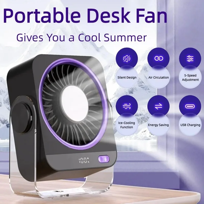 

Перезаряжаемый USB-вентилятор для стола с функцией охлаждения, 5 скоростей, бесшумный, портативный, с цифровым дисплеем, для спальни, офиса, путешествий
