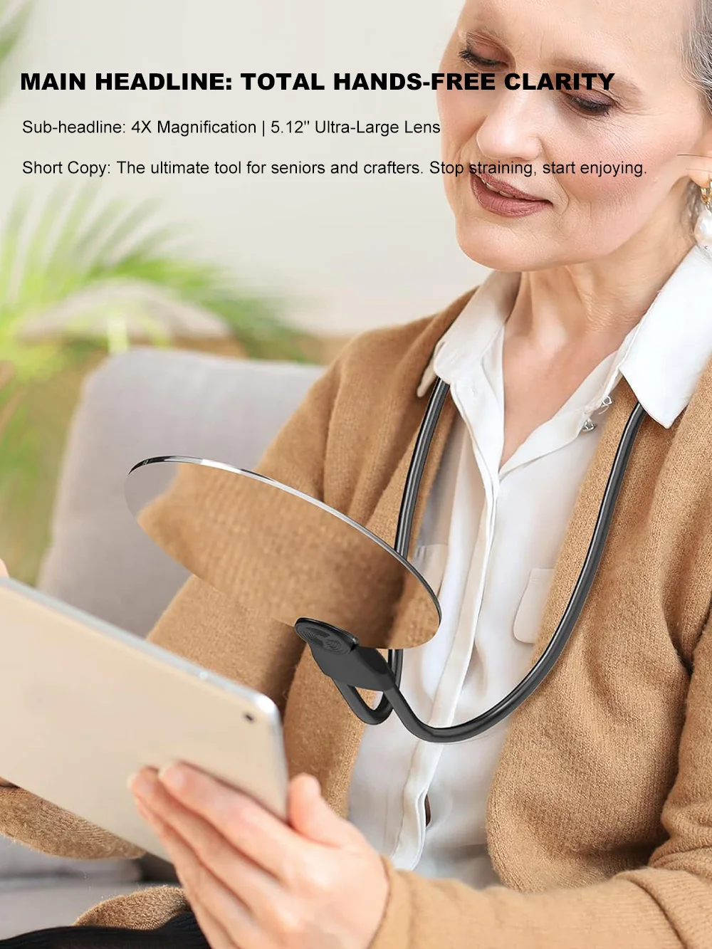 3X Hands-Free Neck Magnifier for Reading Large Page Magnifying Glass with Flexible Gooseneck 5.12