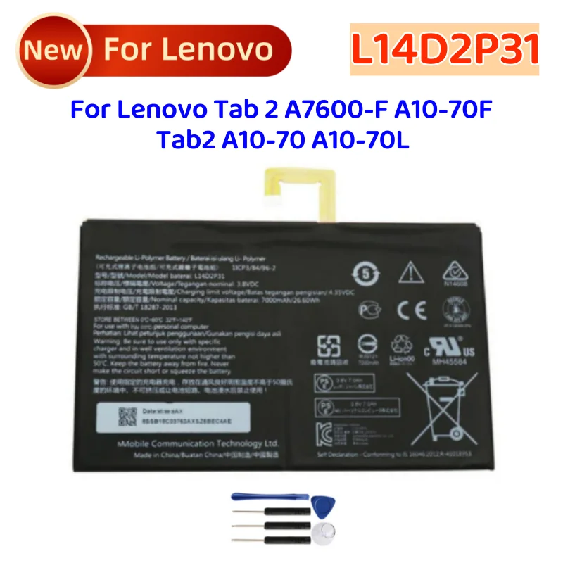 For Lenovo L14D2P31 7000mAh Battery For Lenovo Tab 2 A7600-F A10-70F Tab2 A10-70 A10-70L Battery + Free Tools