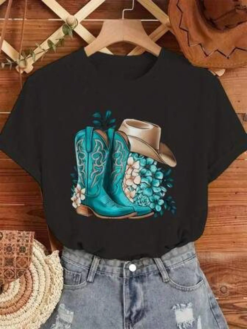 Mens Tshirt Short Pink Hat Girl Silhouette Brown Horse Head Embroidered Leather Boot Solid Black Backdrop for Streetwear