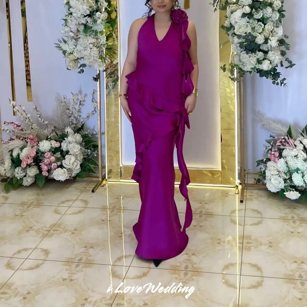 

Purple V-Neck Prom Dress 2025 Sleeveless Halter Mermaid Flowers Ruffles Pleat Floor-Length Evening Dress Party Dress Customized