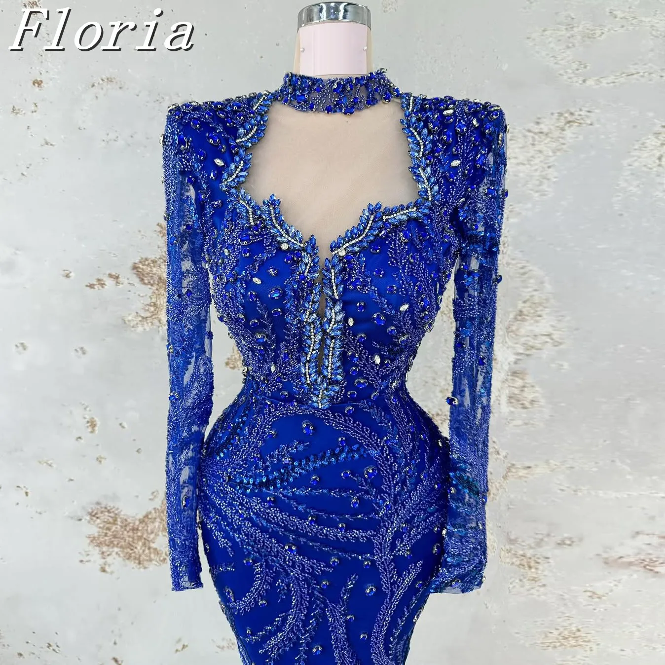 

Generous Royal Blue Long Sleeves Rhinestones Mermaid Evening Party Dresses Crystals Beaded O-neck Long Prom Dress Customized