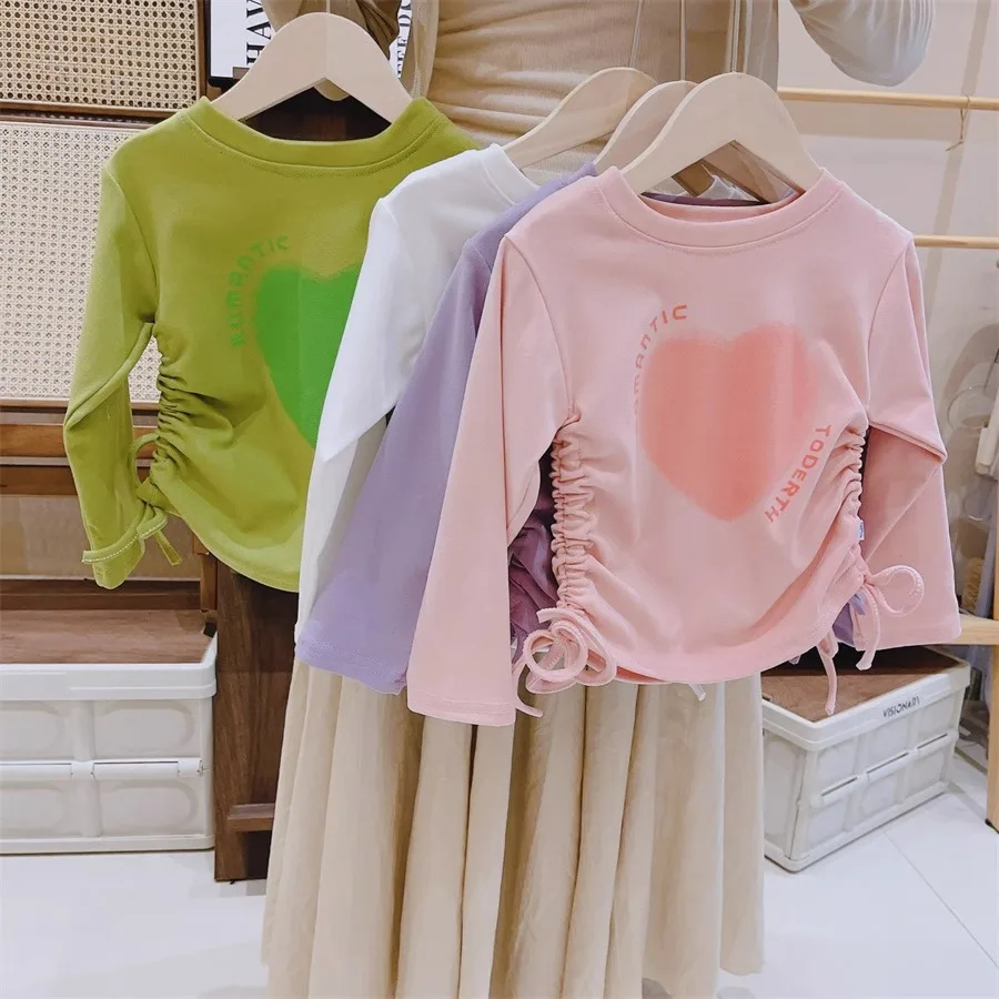 Spring Children's Long sleeved T-shirt 2024 New Autumn Girls Treasure Peach Heart Irregular Drawstring Love Top Princess Trend