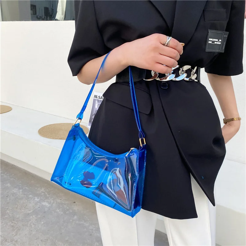 Fashion Vintage Ladies Jelly Solid Color Clear Underarm Bag Casual Women Hobos Handbags Purse Fashion Cell Phone Shoulder Bag