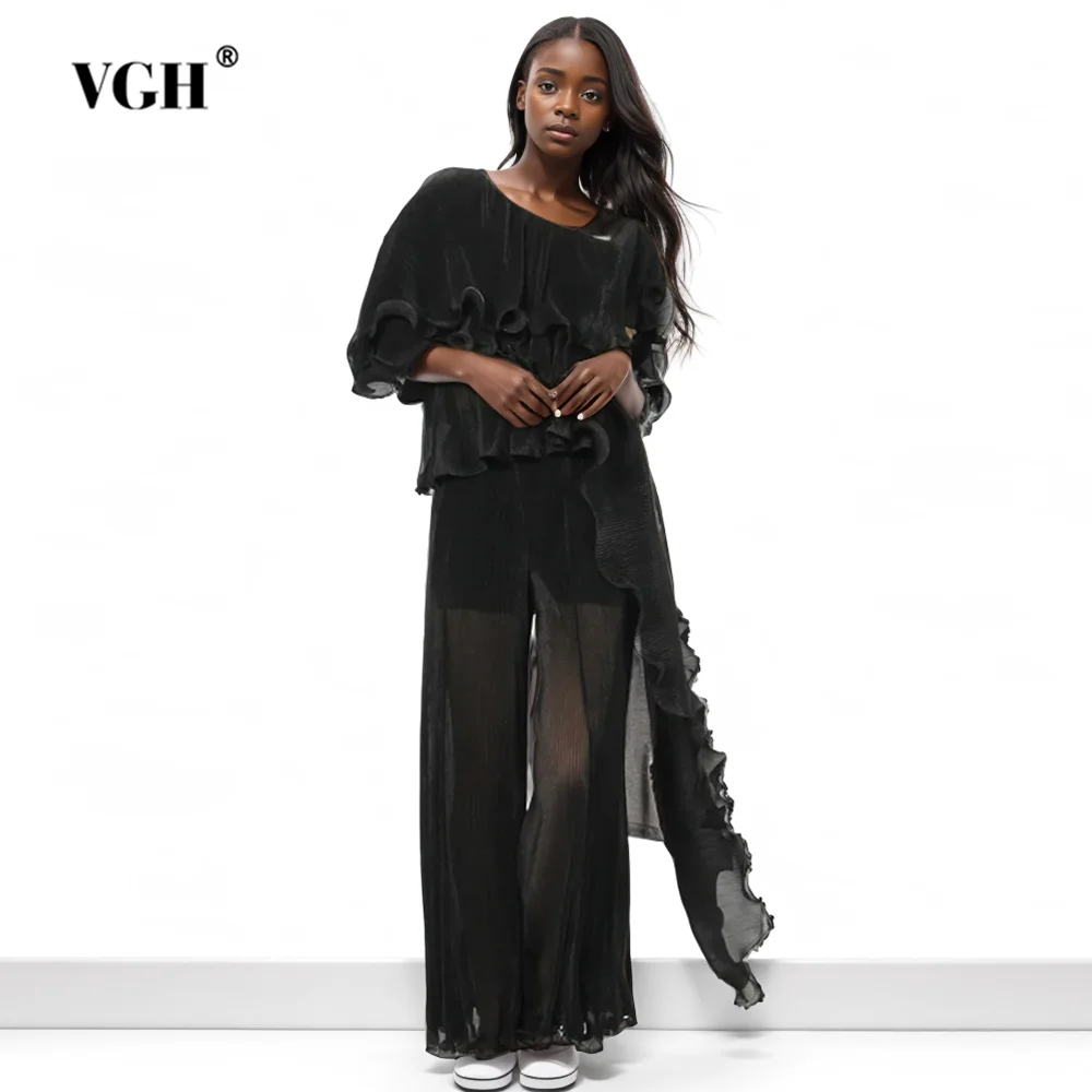 

VGH Solid Two Piece Set For Women Diagonal Collar Short Sleeve Backless Tops High Waist Loose Wide Leg Pant Casual Sets Female