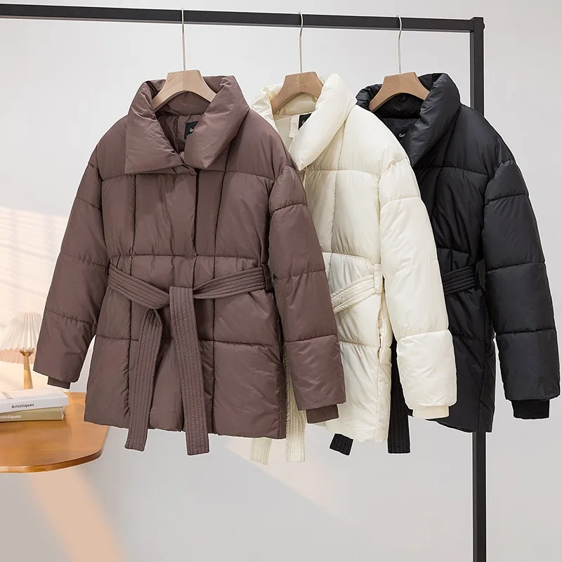

New Fashion Women's Long Down Cotton Jacket Winter Padded Jacket Design Sense Female Parker Outerwear Cotton Clothes with Belt