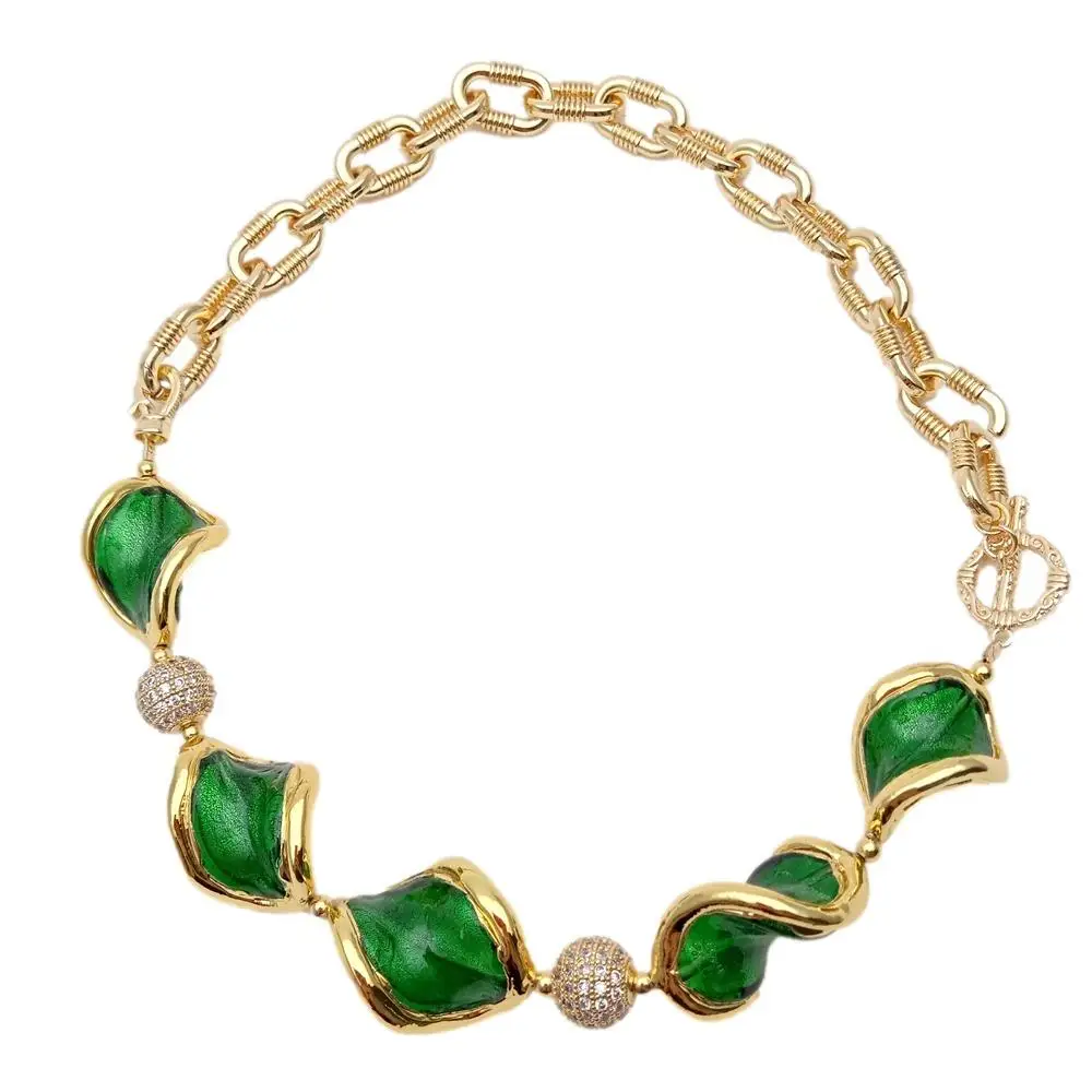Y.YING Green Murano With Gold Plated Edge cz pave beads chain Choker Necklace