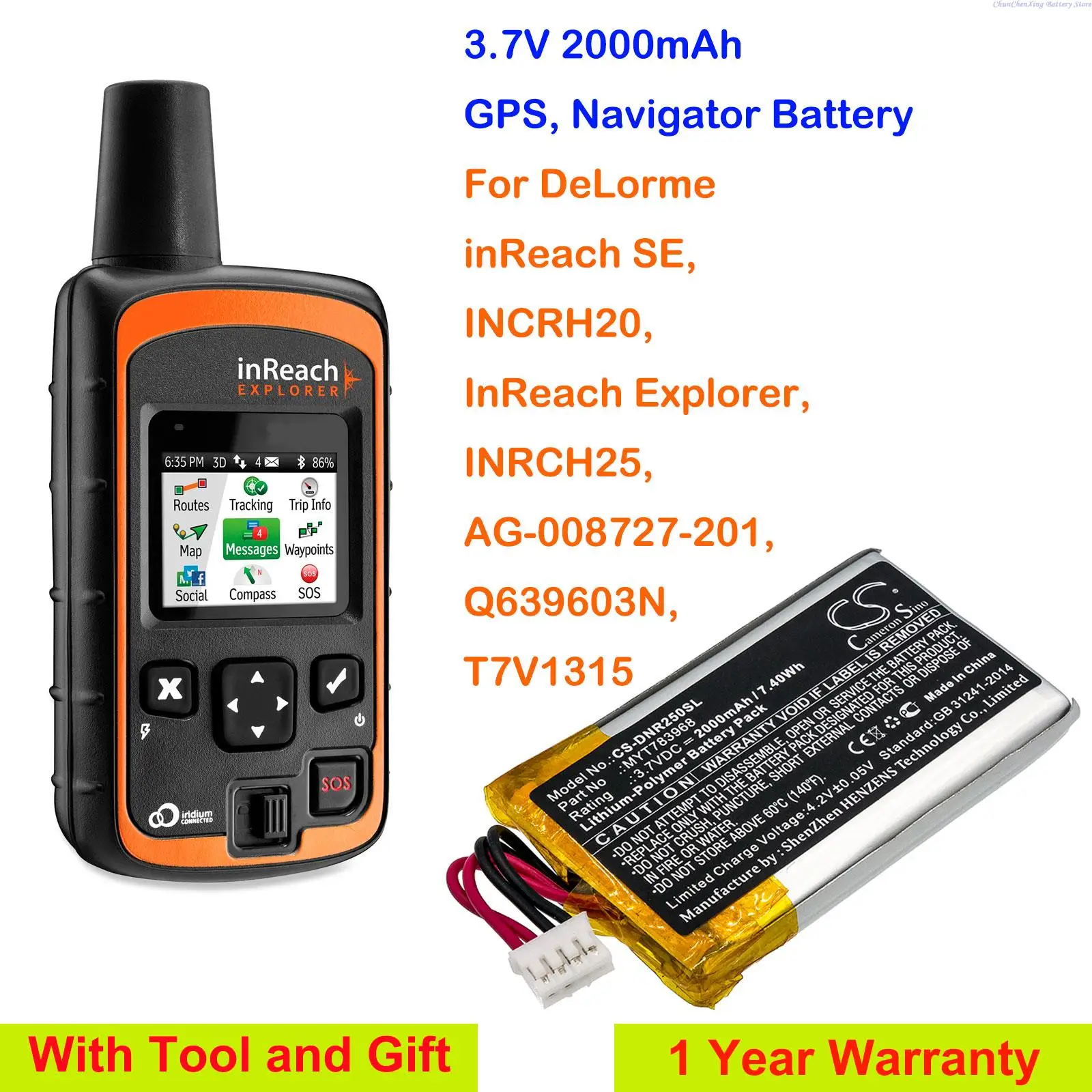 3.7V 2000mAh GPS,Navigator Battery MYT783968 for DeLorme inReach SE,INCRH20,INRCH25,Q639603N,T7V1315,Explorer,AG-008727-201+TOOL