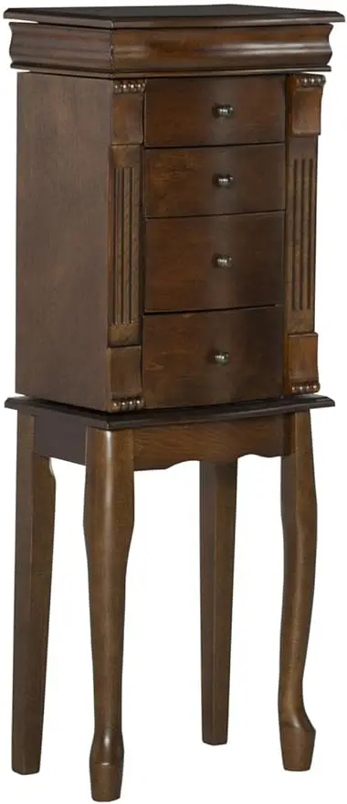 Traditional Louis Philippe Wood Jewelry Armoire for Living Room, Plush Black Lining,Walnut