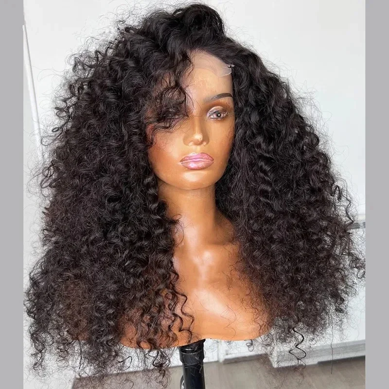 Perruque Lace Front Wig crépue bouclée noire naturelle, 26 pouces de long, densité 180, cheveux de bébé, pre-plucked, degré de chaleur, sans colle, pour femmes, 03/3