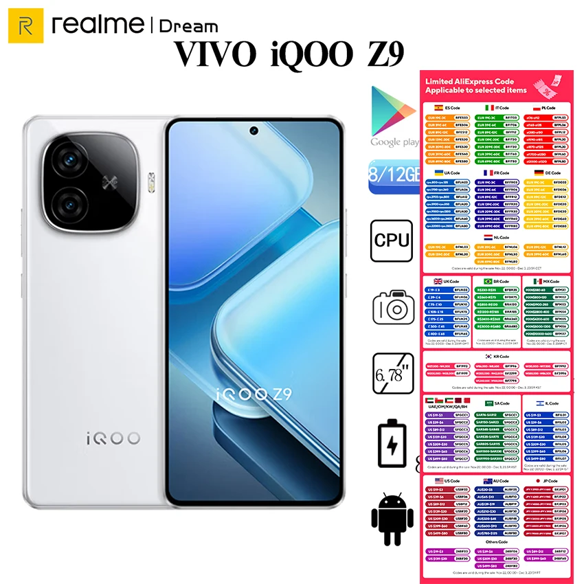 Original VIVO IQOO Z9 Snapdragon 7 Gen 3 6.78Inch AMOLED 144Hz 50MP Rear Camera OIS 6000mAh 80W SuperVOOC NFC OTA Update