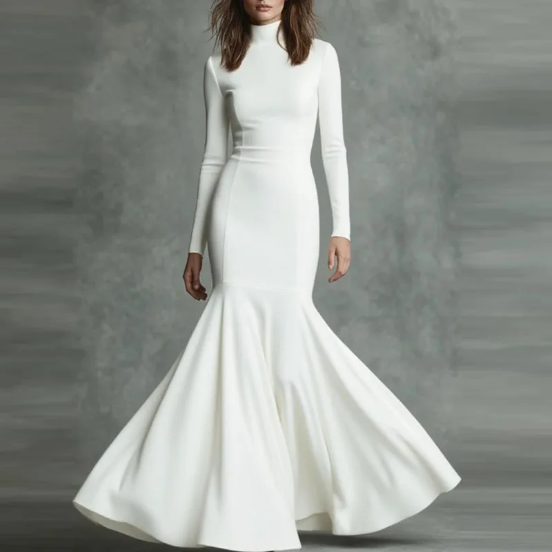 فستان حورية البحر ضيق بياقة مدورة موضة ربيع 2026 أنيق متين عالي الخصر فستان ضيق للخريف بأكمام طويلة فستان ماكسي بوهو