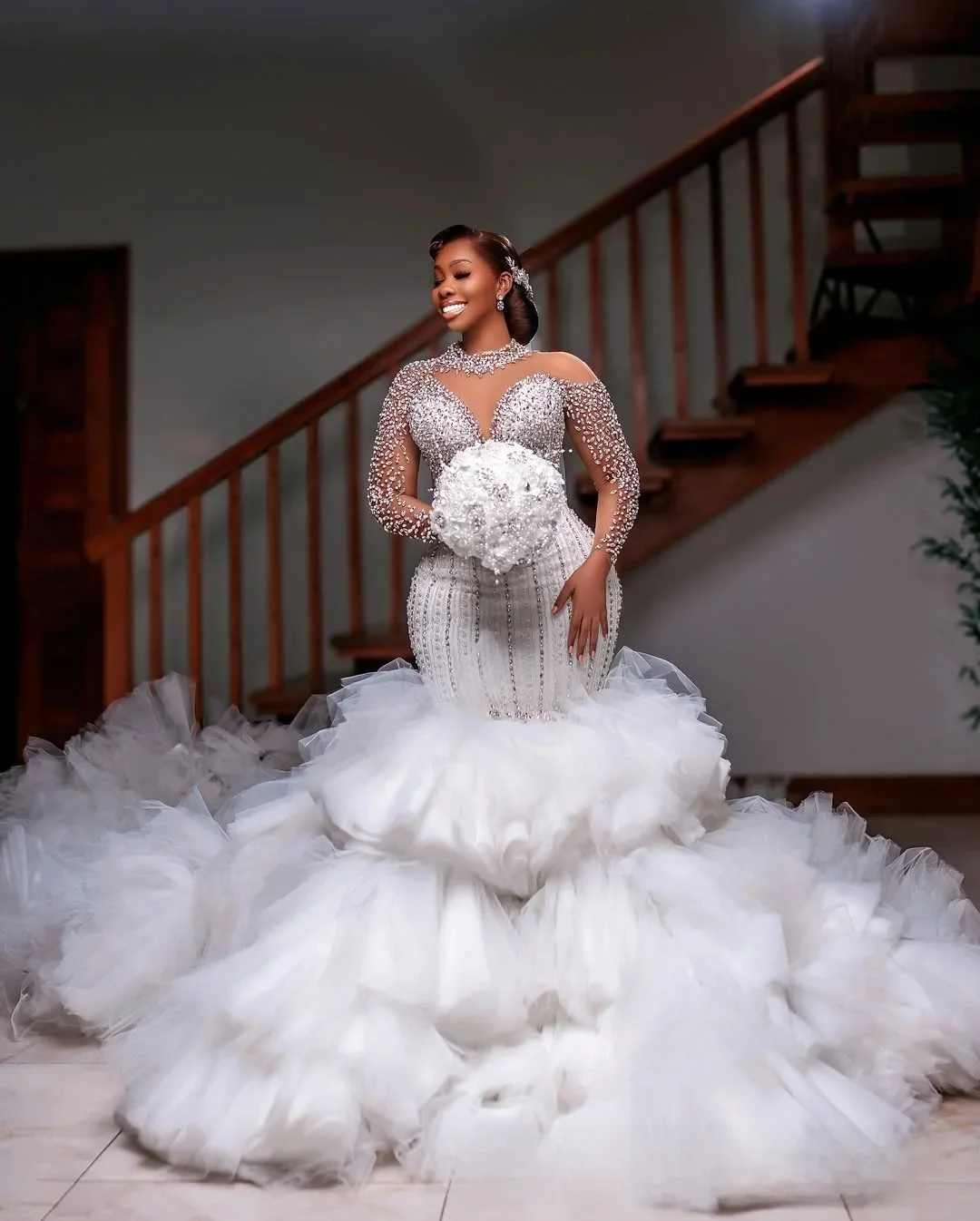 Customized  Sparkly Pearls Rhinestones Wedding Dress Robe De Mariée Long Sleeves Luxurious Puffy Tiers Tulle  Bridal Gown