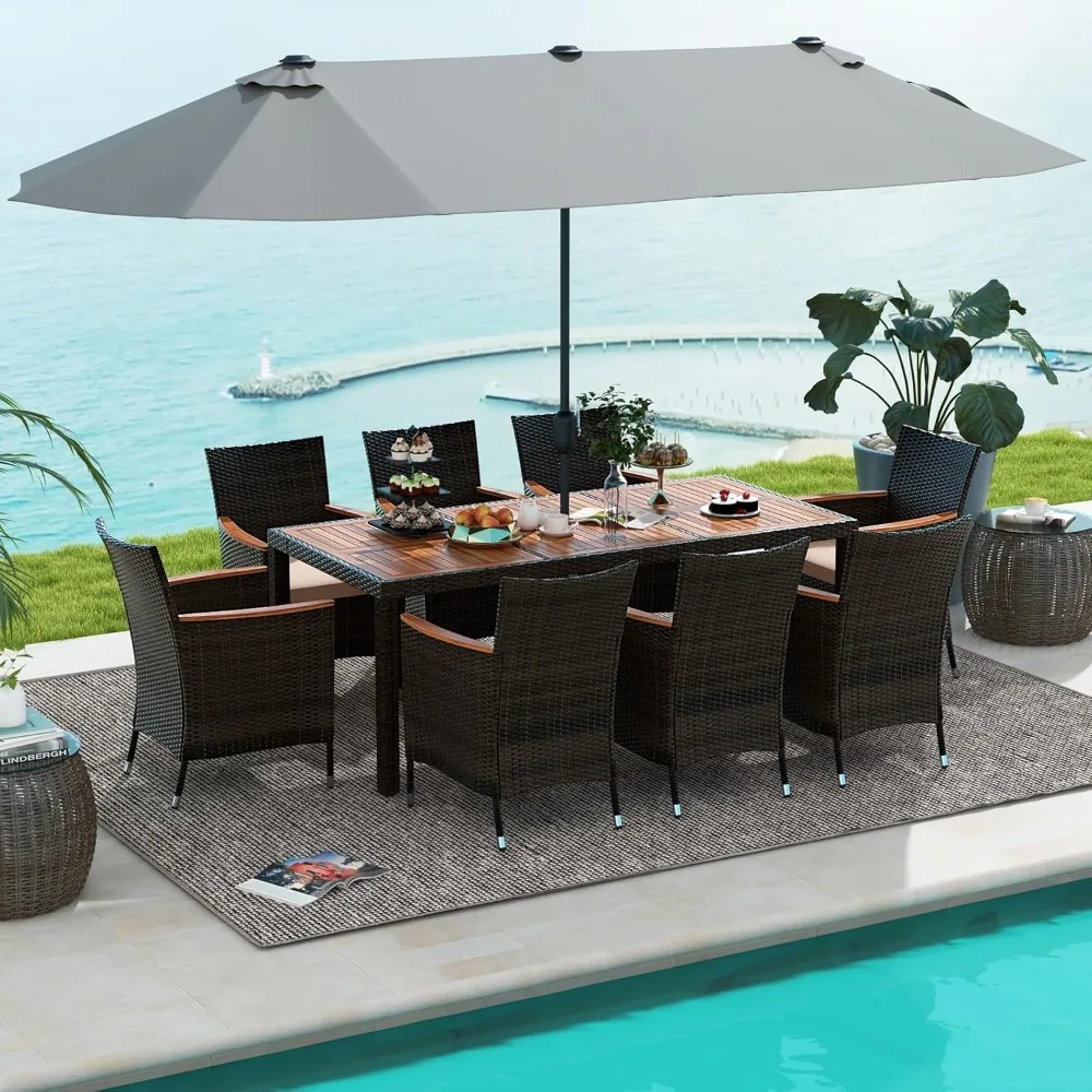 10 Piece Patio Rattan Dining Set with 15Ft Double-Sided Umbrella, Outdoor Heavy Duty Acacia Wood Table and Stackable Wicker Cha