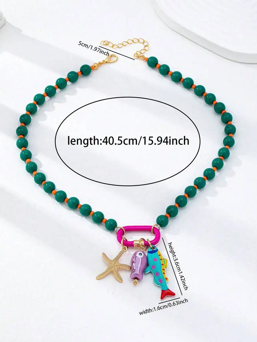 1pc Summer Beach Multi-Layer Resin Beaded Necklace, Colorful Fish & Starfish Charms, Boho Jewelry for Vacation & Beach Party