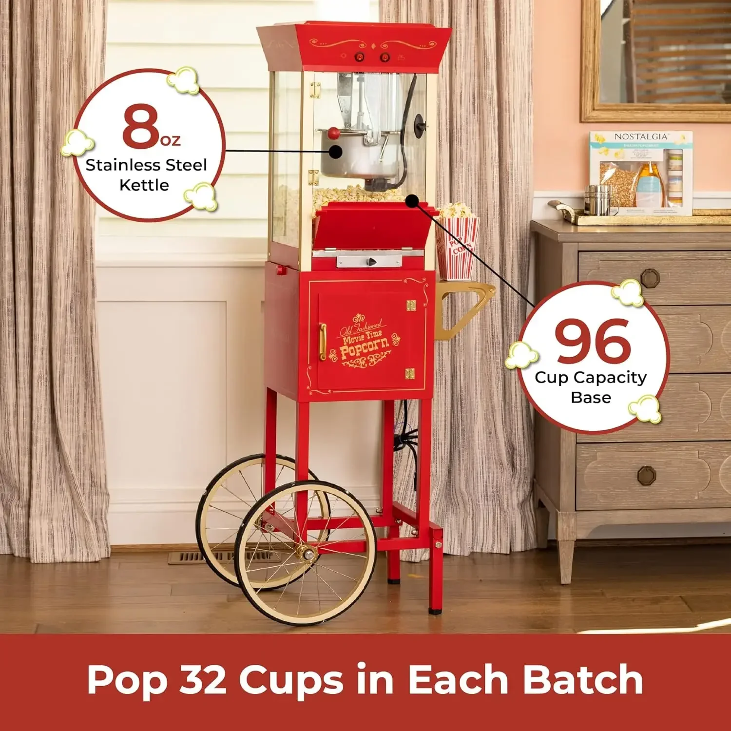 Nostalgia Popcorn Maker Machine - Professional Cart With 8 Oz Kettle Makes Up to 32 Cups - Vintage Popcorn Machine Movie