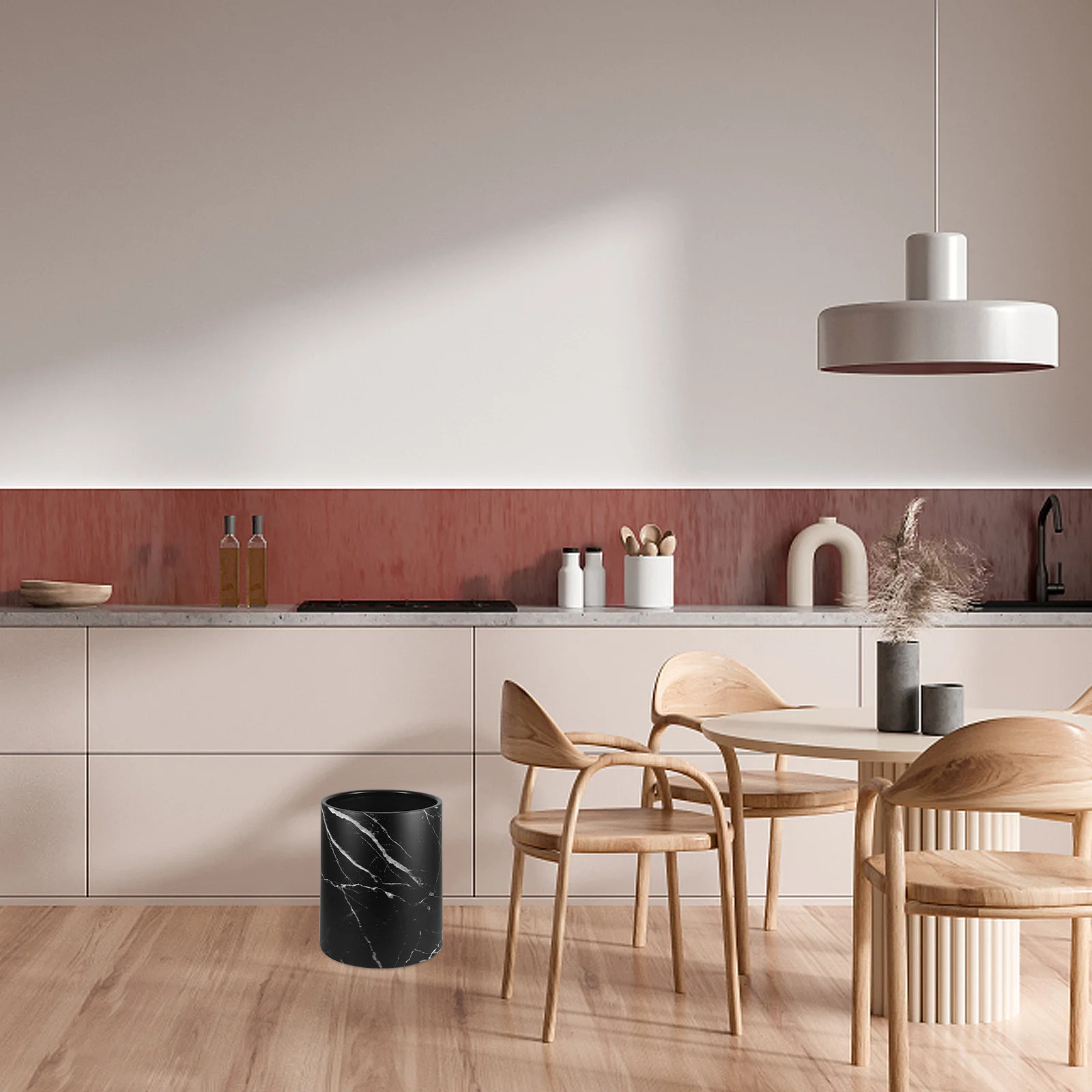 

Marble Trash Can Bathroom Kitchen Large Garbage Bin Waste Paper Basket Home Office Round Shape Plastic Material Modern Style