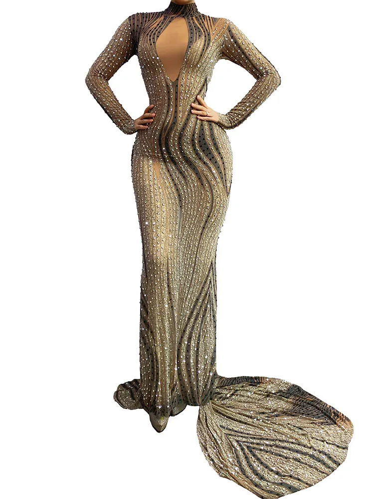 

High Quality Rhinestone Elastic Floor Length Dress 2024 New Fashion Custom Women'S Clothing