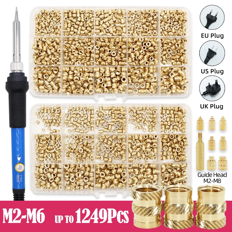 1249x Insert Brass Nut Hot Melt Knurled Thread Heat Inserts Copper Nut Soldering Iron Tip Embed Insertion Tool for 3D Printing