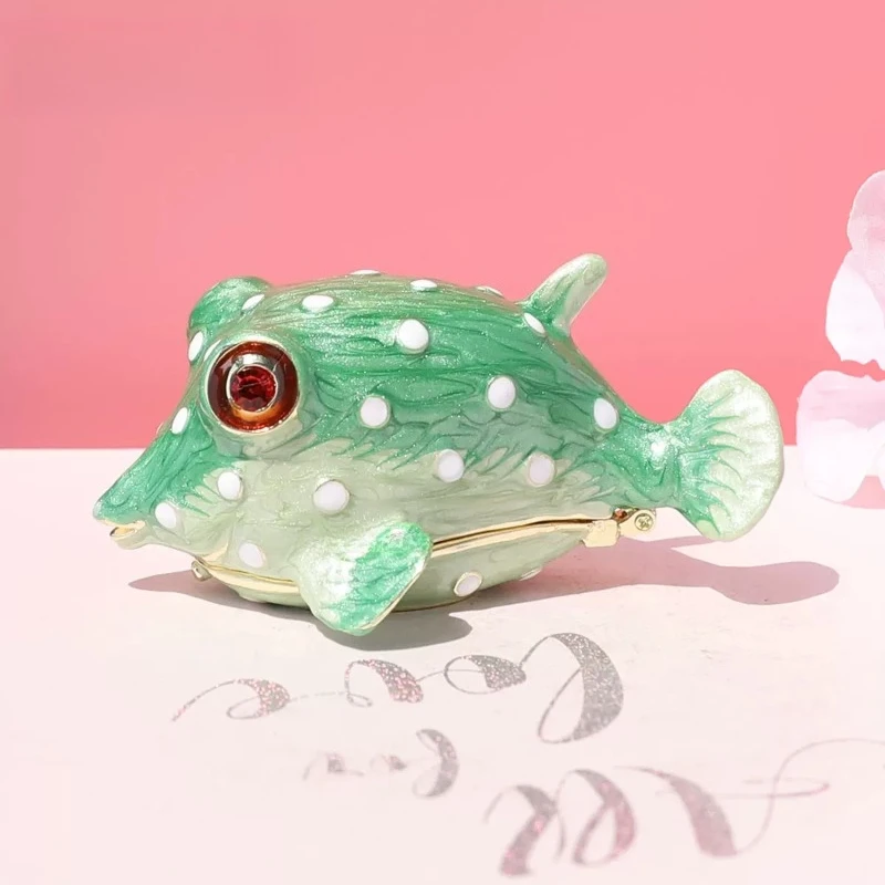 Vintage enamel painted pufferfish jewelry box, metal marine animal ornaments, girls' ring and earring collection small box, gift
