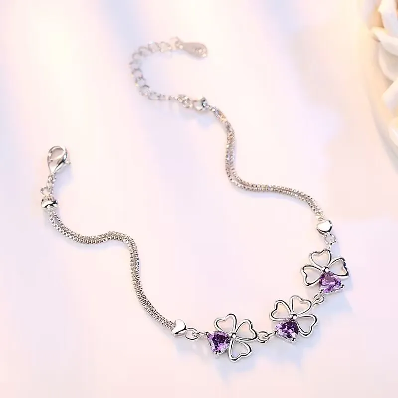 Hot  korean fashion 925 Sterling Silver Purple crystal Lucky Clover Bracelets for women party wedding Jewelry Length 17CM+4CM