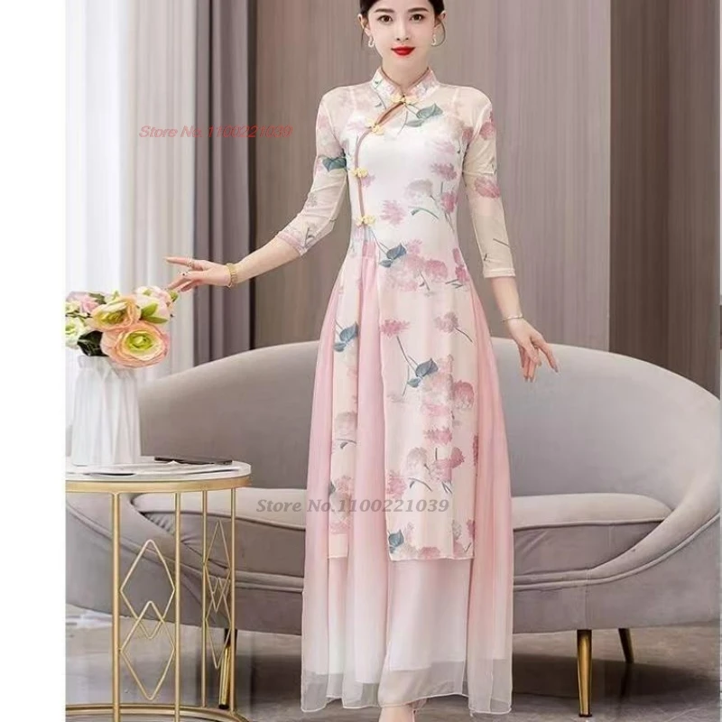 2025 abito da ballo popolare vintage cinese tradizionale stampa floreale maglia qipao top + pantaloni allenamento pratico per spettacoli teatrali retrò