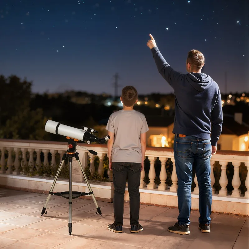 Télescope astronomique 80 mm avec monture AZ, 2 oculaires et adaptateur pour smartphone, 92x92x130 cm, blanc et noir