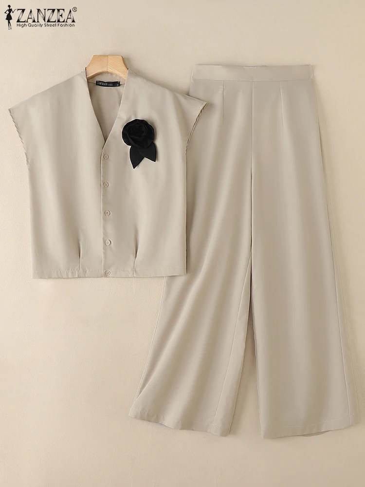 ZANZEA Fashion Women Pant Sets Fabric Flower V-Neck Cap Sleeve Tops & Wide Leg Pants 2pcs Suits Casual Commuting 2 Pieces Sets