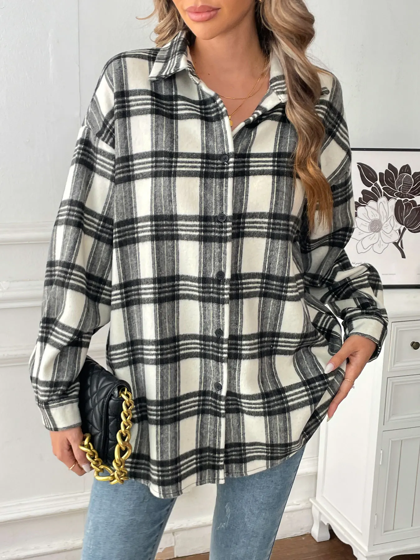 

Autumn Women Plaid Coat Blouses New Fashion Streetwear Turn-Down Collar Lady Button Long Sleeve Casual Loose Plaid Coat Clothing