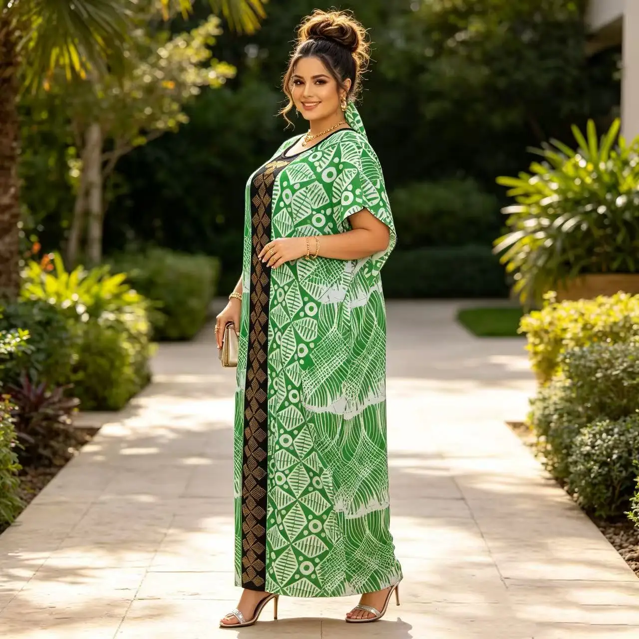 plus Size African Print Long Dress Women's Loose Short Sleeve Muslim Abaya Kaftan Ethnic Maxi Robe Casual Headscarf Included