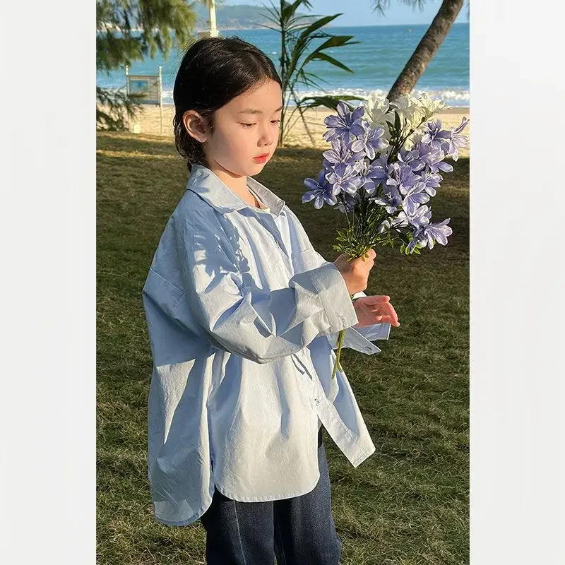

Fashion Spring Versatile Loose Casual Thin Solid Blouses Turn-down Collar Button Girls Shirts Kids Clothes Korean 2025 New