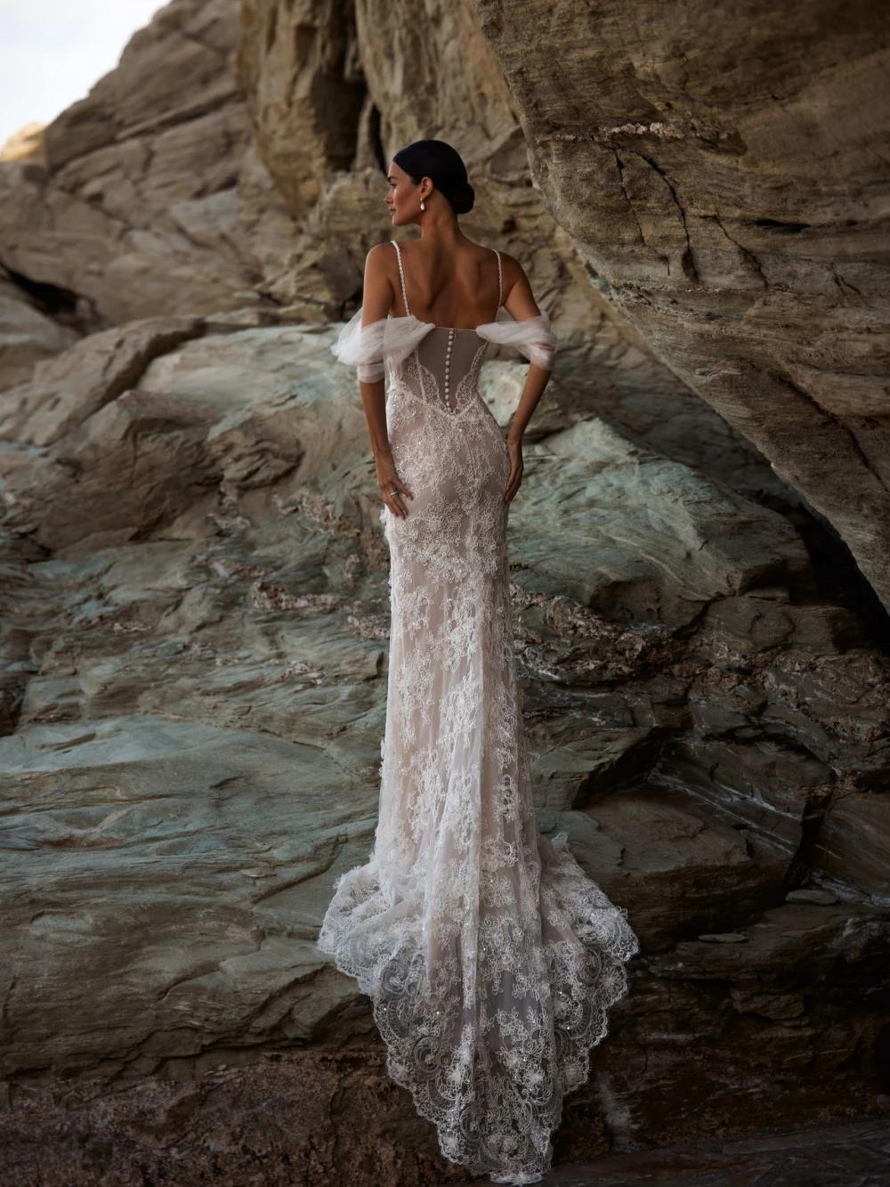 Afneembare trein mouw glanzend kant zeemeermin trouwjurk dromerige ivoor lange bruidsjurk op maat gemaakte sierlijke jurken voor de bruid