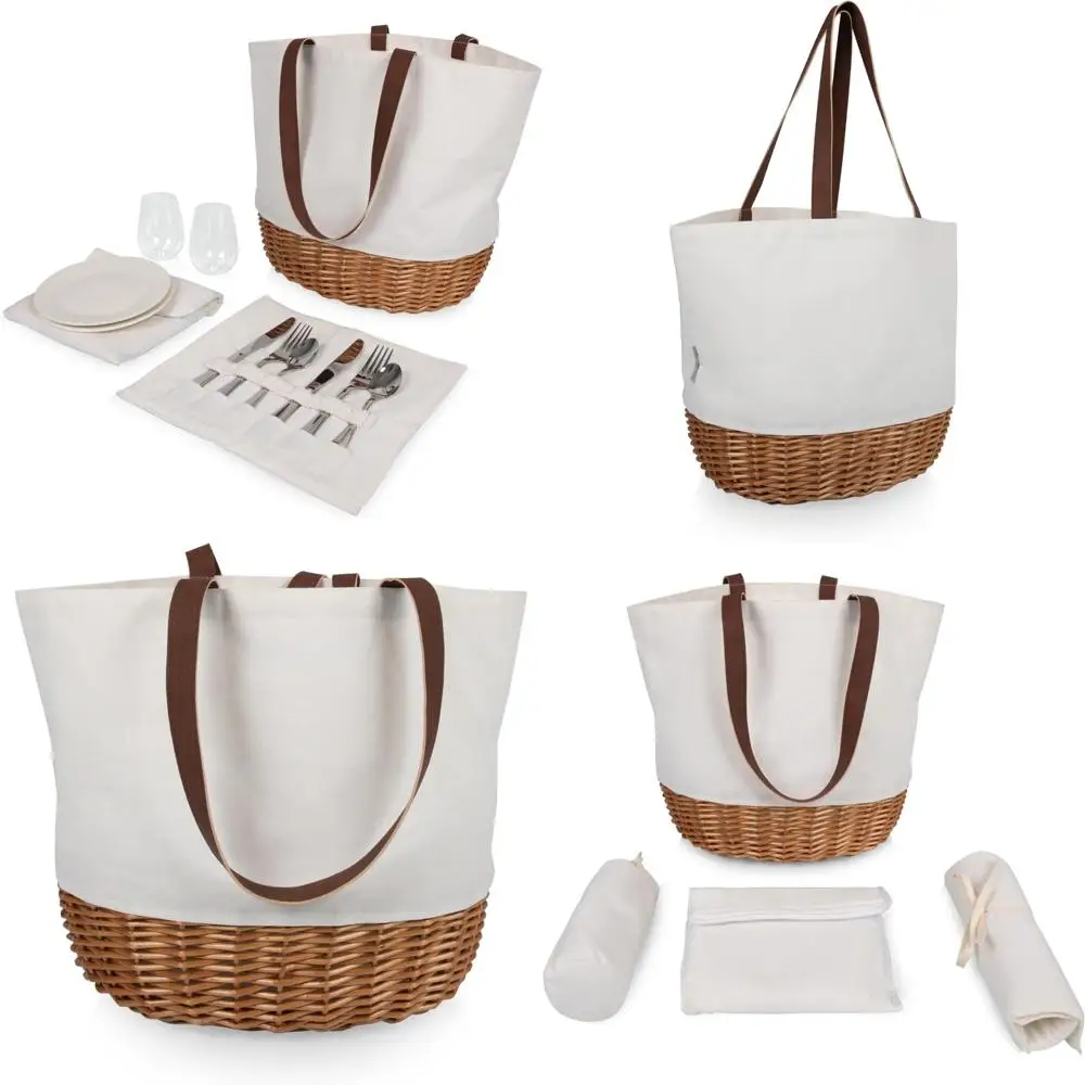 

picnic time promenade picnic basket for 2, canvas and willow picnic set - includes utensil set, glasses, and plates, (beige canv