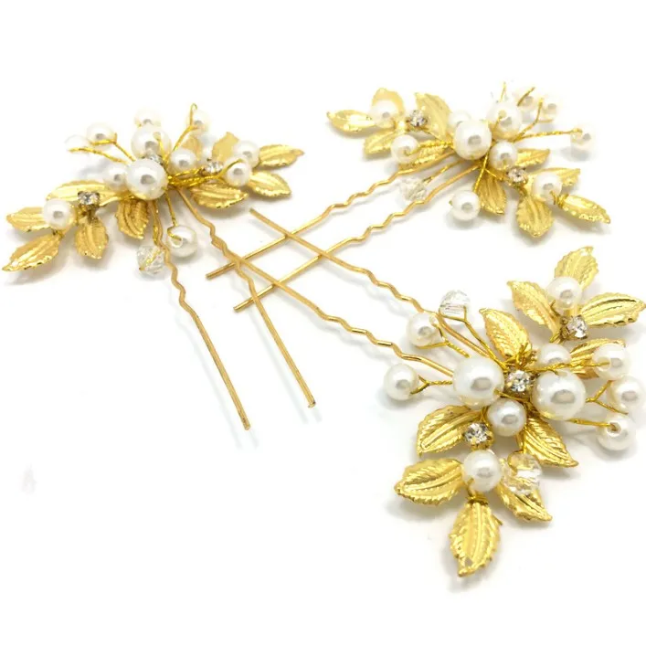 Women Bridal Gold Hair Pin Wedding Hairpins Women Jewelry parts Headpieces Accessories Stick Leaf Clip Rhinestone