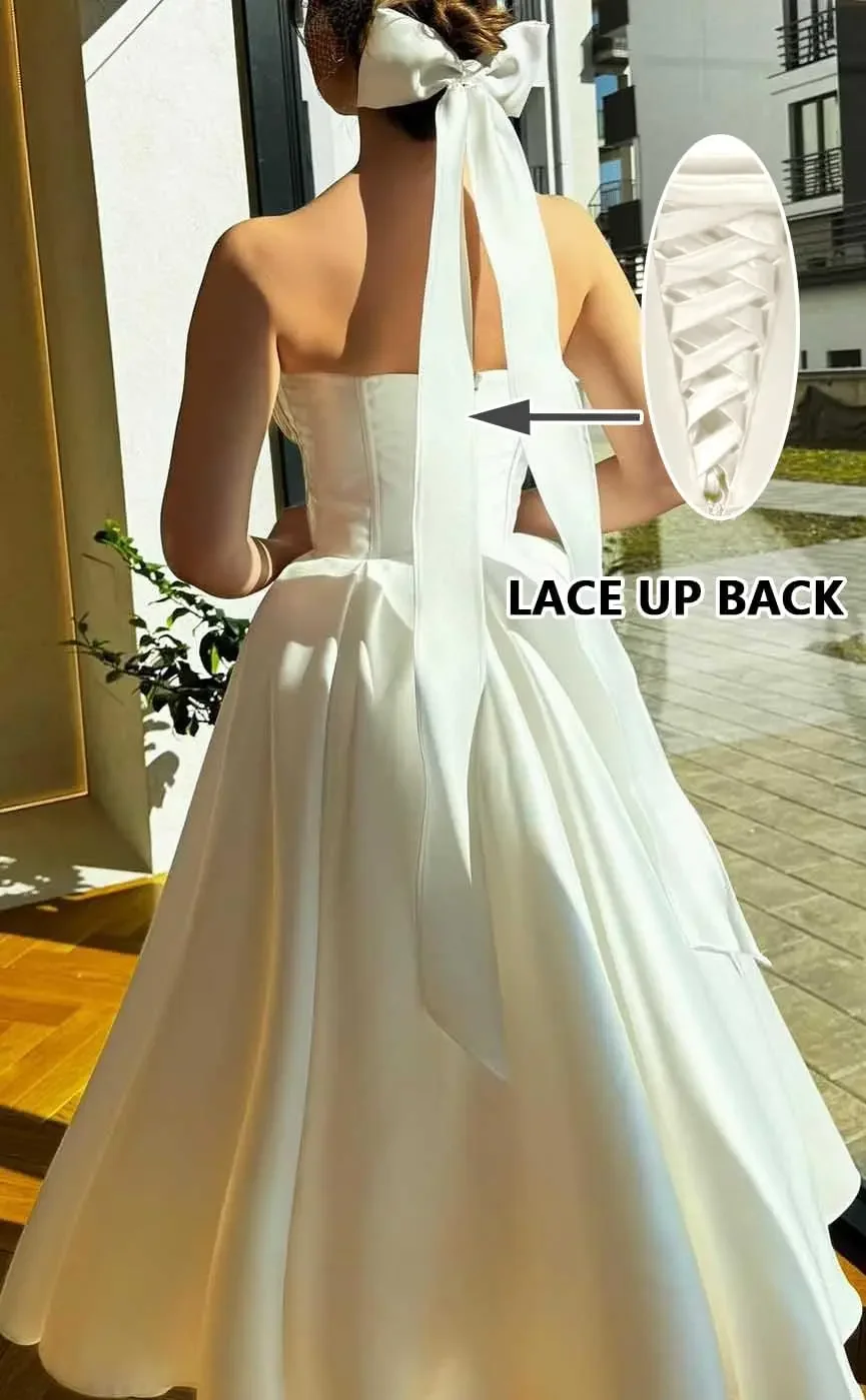 فستان زفاف قصير بدون حمالات فساتين لحضور الحفلات الموسيقية 2025 على شكل قلب من الساتان طول الشاي فساتين حفلات منتفخة للنساء فستان زفاف بسيط