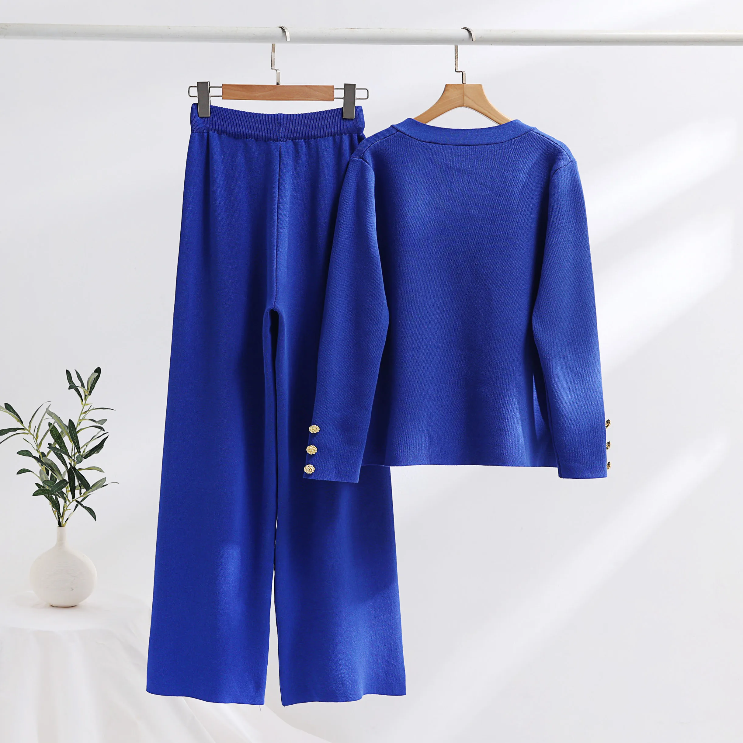 Women Design Cuff Color Contrast Big Gold Button Celebrity Single Breasted Sweater+Loose Wide Leg Trousers Women Two-piece Set